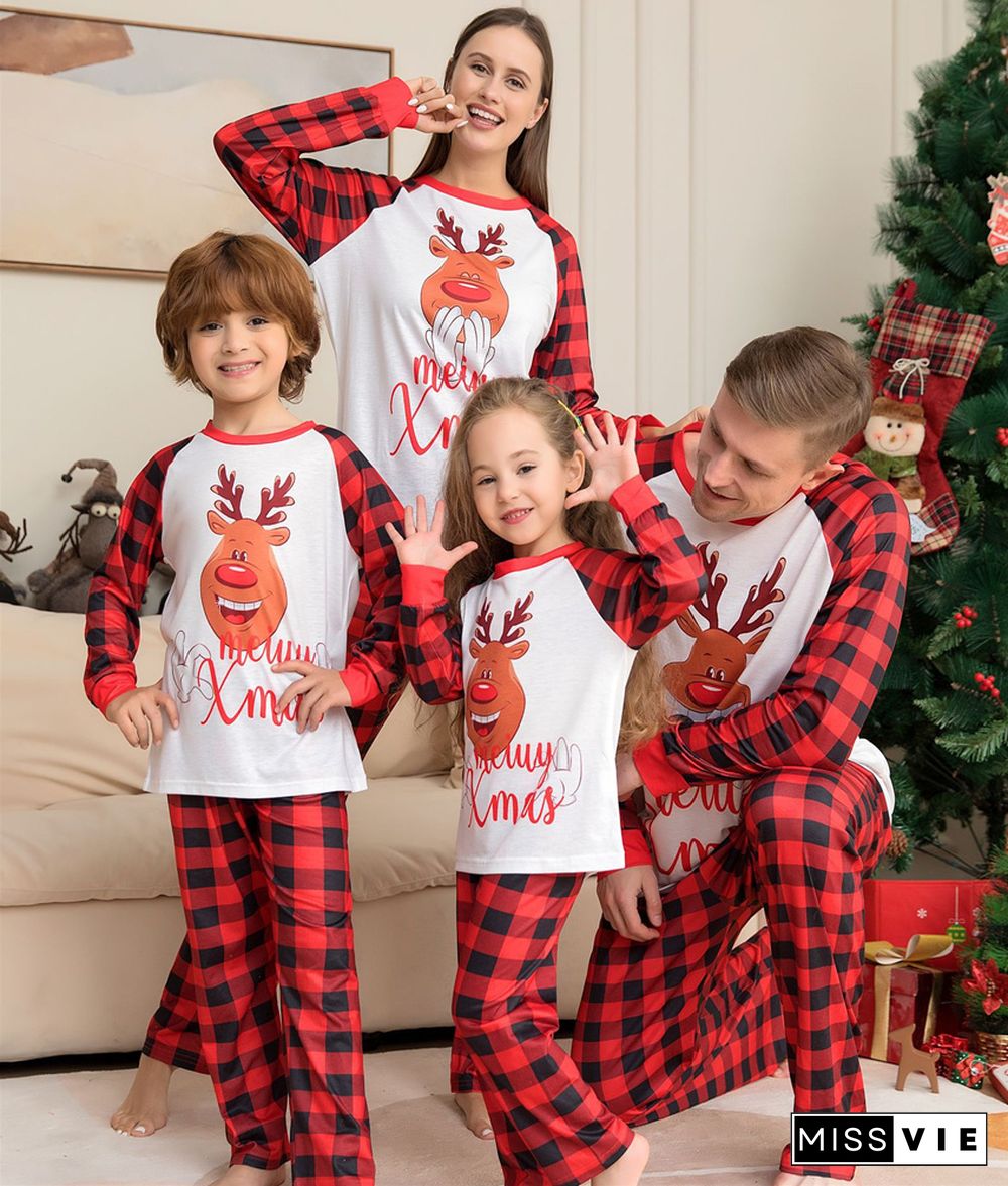 Christmas Cartoon Deer Plaid Parent-Child Sleepwear 2PCS