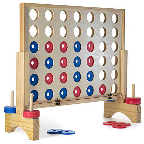 Prextex Giant Connect 4 Game - 4 in A Row Wooden Family Game Indoor/Outdoor Use, in Order to Win Connect the 4 | Four in a Row Family Game, Jumbo Wooden | Travel Bag, Coins and Rules Included