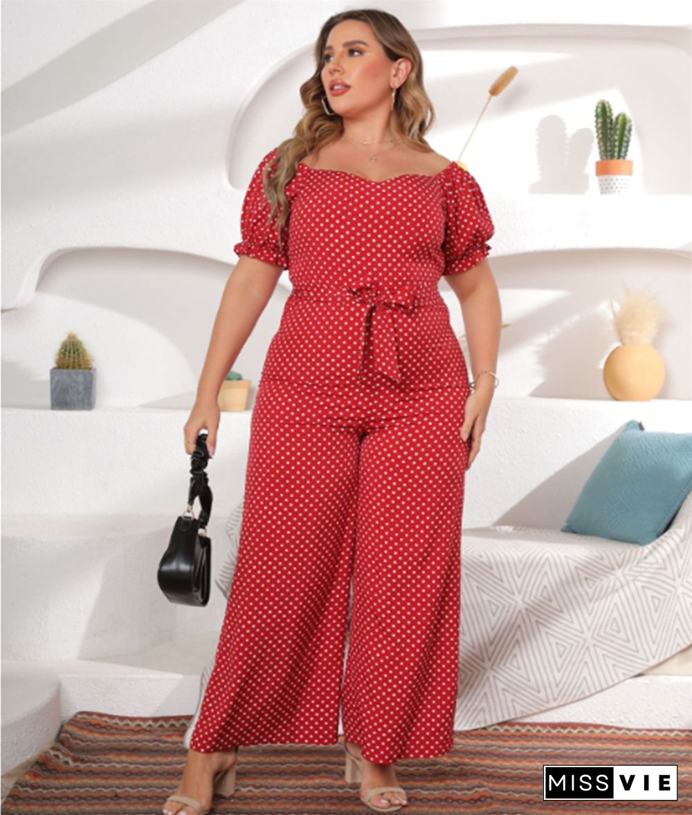 Dot Print Short Sleeve Slash Neck Wide Leg Jumpsuit