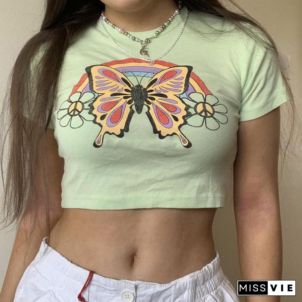 Kawaii Butterfly Crop Tops Summer Graphic T Shirts Women Tee Slim Basic Harajuku Streetwear Sweat Clothes