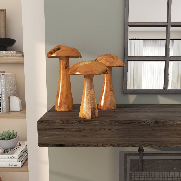 Set Of 3 Teak Wood Mushroom Handmade Live Edge Sculpture With Natural Smooth Finish Brown Olivia amp May