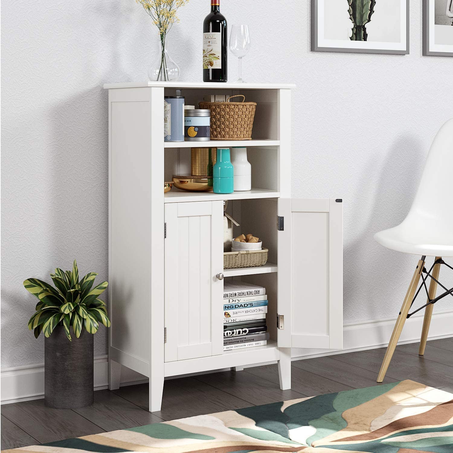 Homfa 2 Tier Shelves Bathroom Storage Cabinet, Wood Storage Floor Cabinet with 2 Doors, White