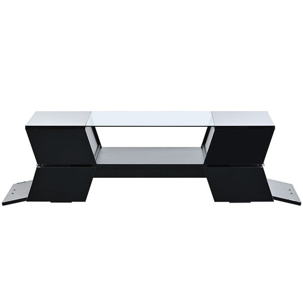 Modern 2-Tier Glass-Top Coffee Table With Open Shelves and Cabinets