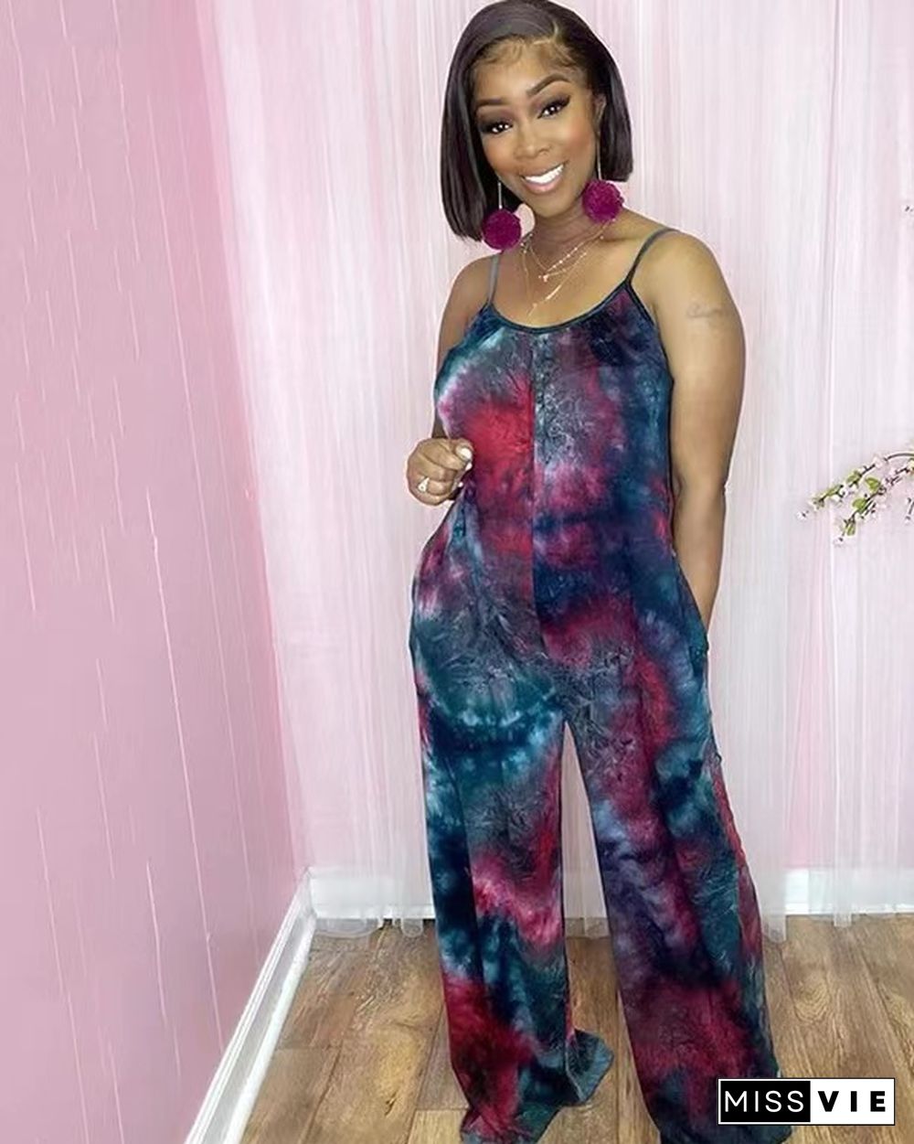 Tie Dye Print Loose Wide Leg Women Jumpsuit