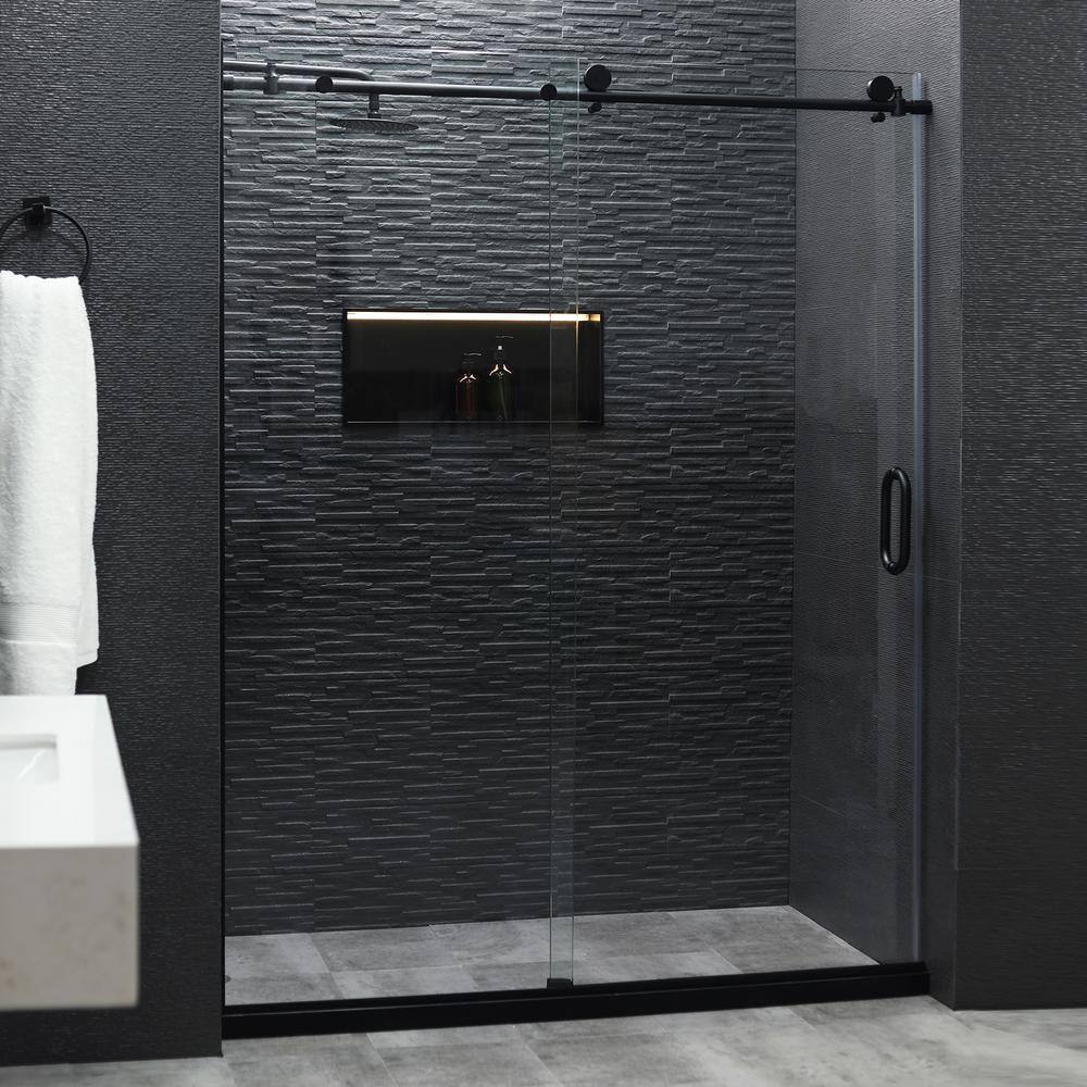 niveal Ruhr 60 in. W x 76 in. H Sliding Semi-Frameless Shower Door in Matte Black Finish with Clear Glass LU7051-7660MB