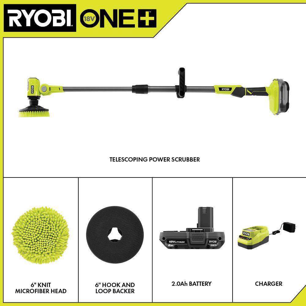 RYOBI ONE+ 18V Cordless Telescoping Power Scrubber Kit with 2.0 Ah Battery and Charger and 6 in. Knit Microfiber Kit P4500K-A95KMK1