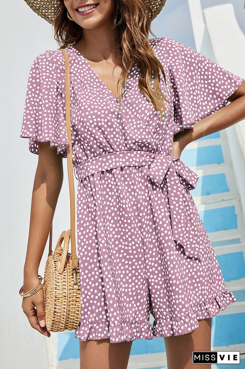 Polka Dot V Neck Waist Tie Ruffle Romper