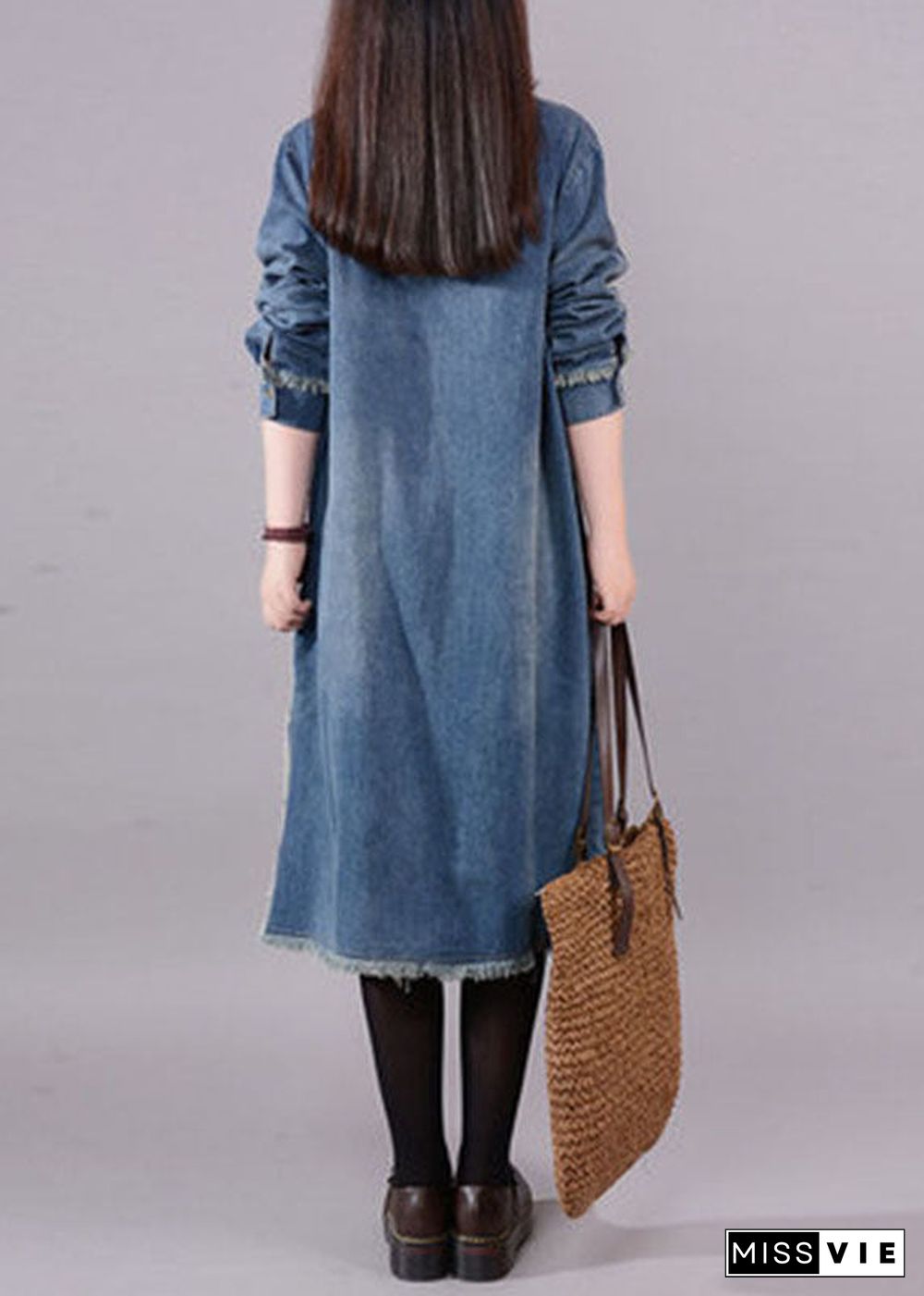 Art Blue O-Neck Pockets Button Denim Fall Long sleeve Dress