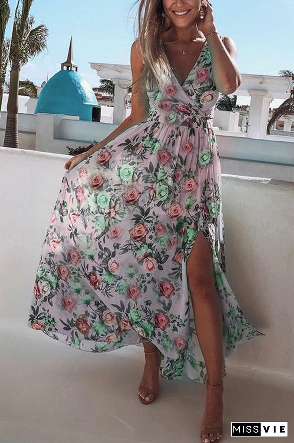 V Neck Floral Print Maxi Dress