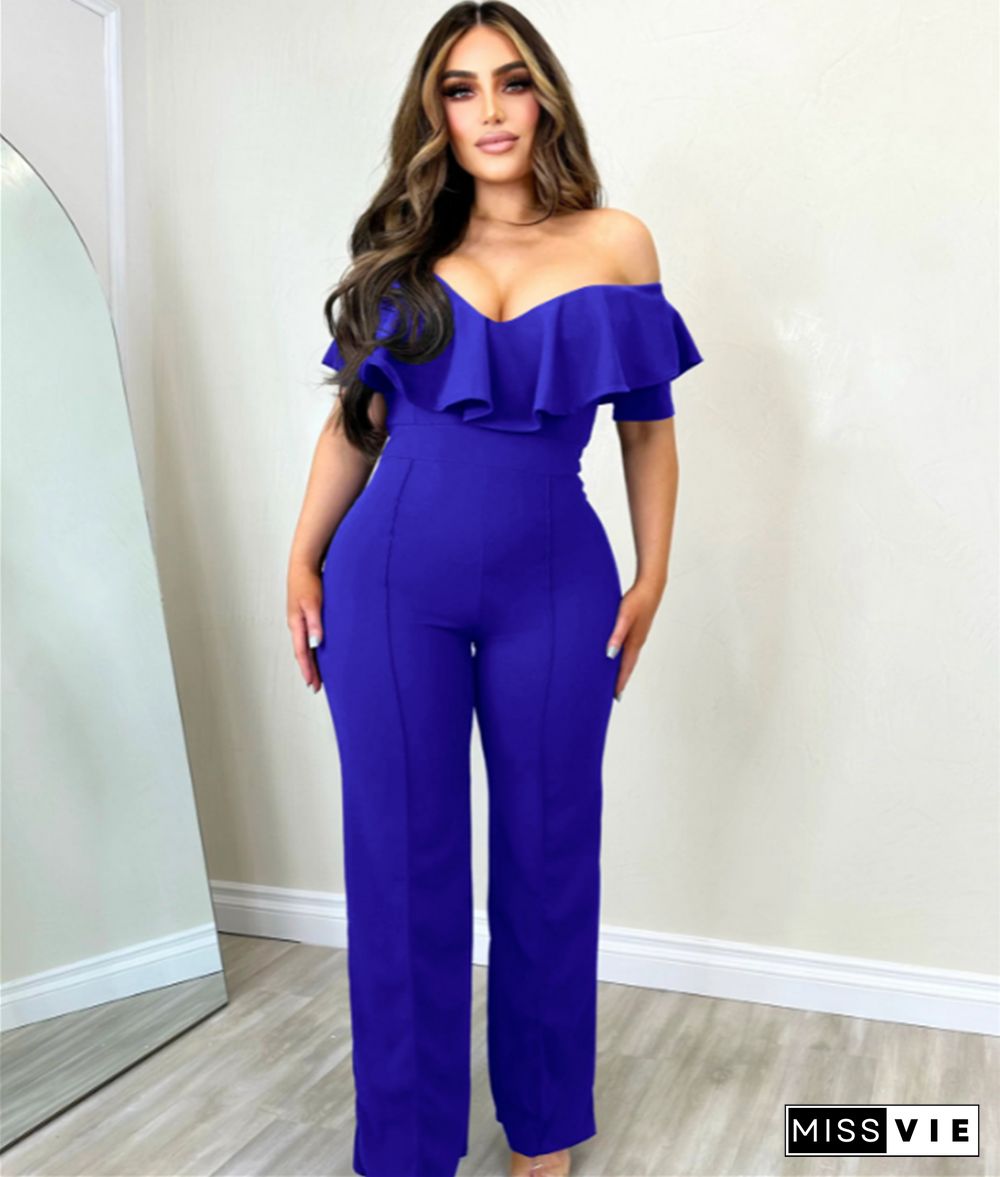 Elegant Solid Ruffle Slash Neck One Piece Jumpsuit