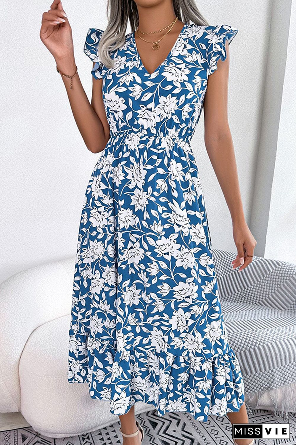 V Neck Flutter Sleeves Maxi Floral Dress