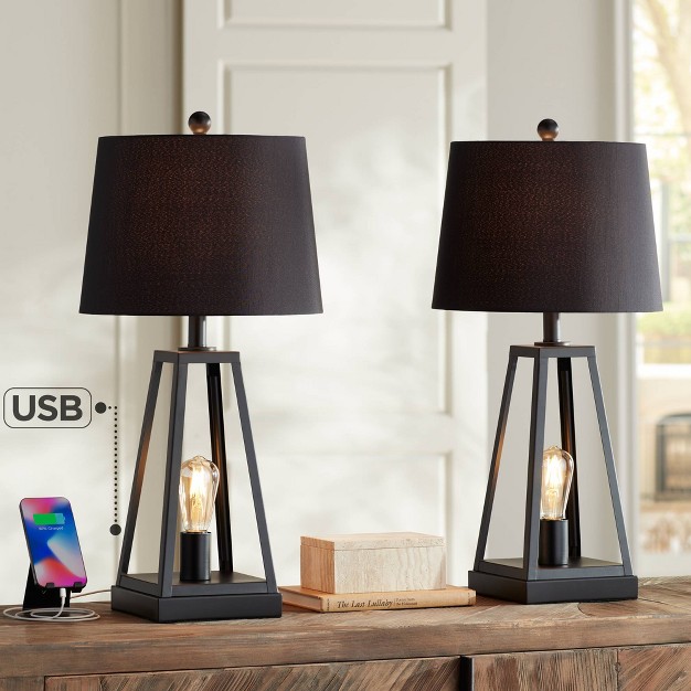 High Set Of 2 Dark Metal With Usb Led Nightlight Black Faux Silk Shade For Living Room Desk