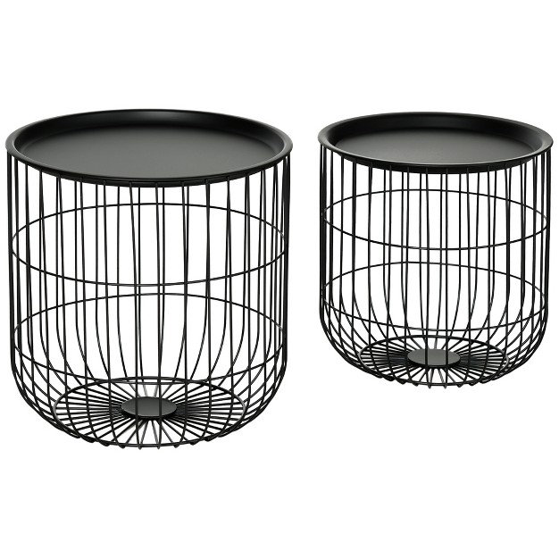 Homcom Nesting Tables Round Coffee Table Set Of 2 With Steel Wired Basket Body And Removable Top Stacking Tables For Living Room Black