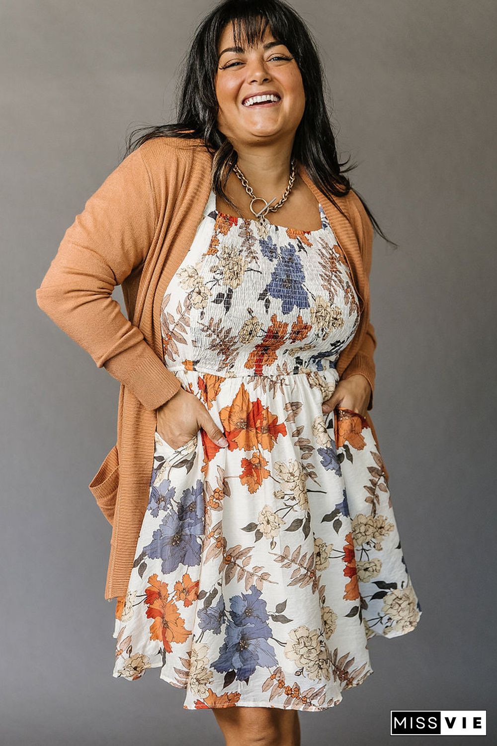 White Floral Smocked Flared Plus Size Dress