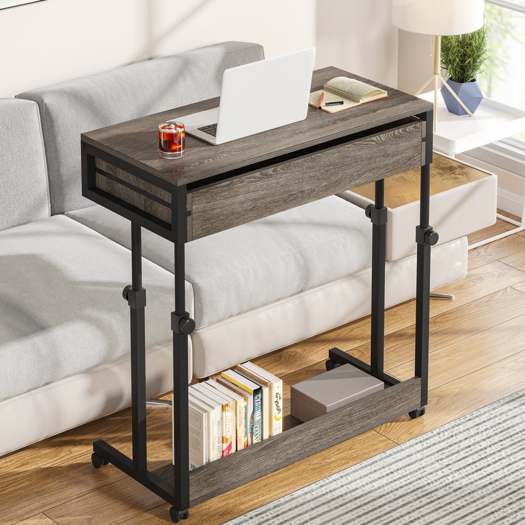 Height Adjustable Desk, Mobile Side Table Portable Desk with Drawers