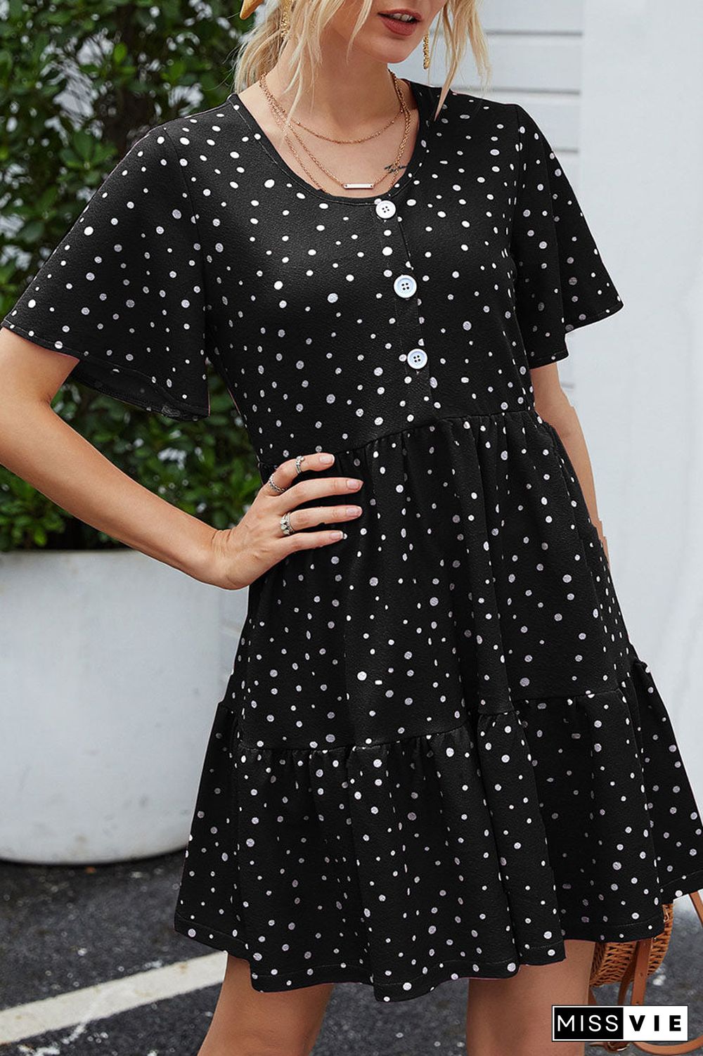 Fashion Casual Dot Split Joint O Neck A Line Dresses