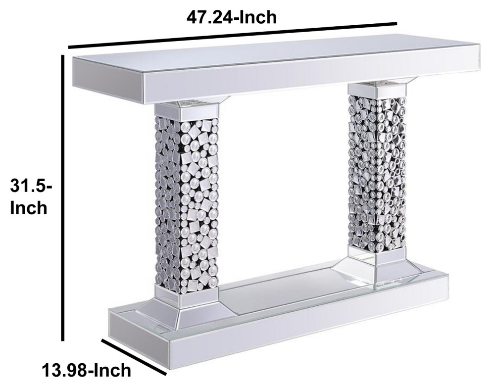 Wood And Mirror Console Table With Two Pedestal Base  Clear And Black   Contemporary   Console Tables   by VirVentures  Houzz