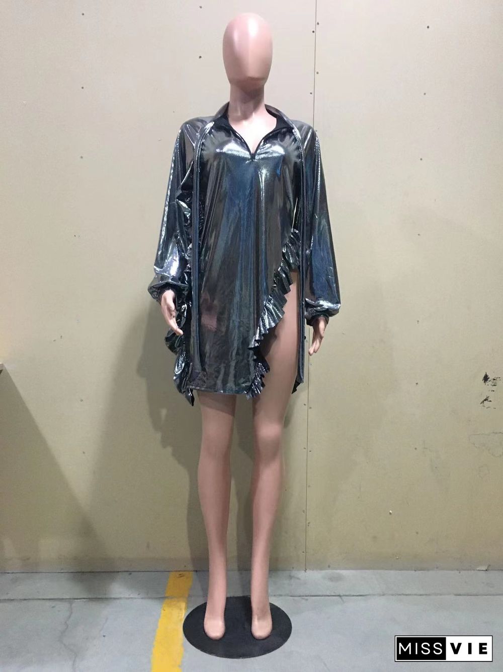 Shiny Fungus Bandage Split Long Sleeve Dress