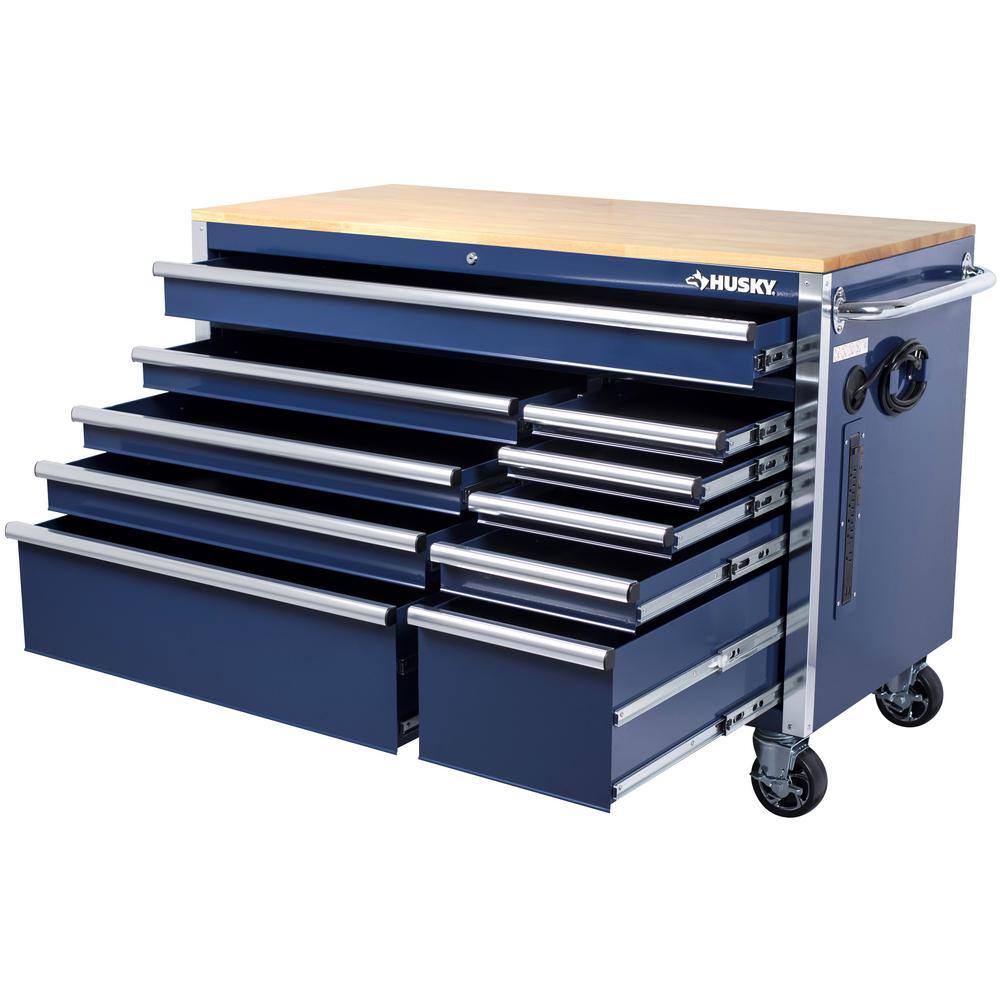 Husky 52 in. W x 24.5 in. D Standard Duty 10-Drawer Mobile Workbench Tool Chest with Solid Wood Work Top in Gloss Blue H52MWC10BLU