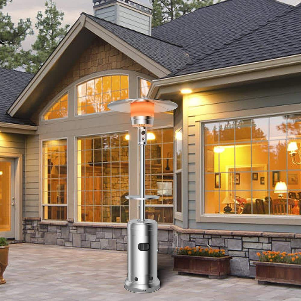 HONEY JOY 48000 BTU Outdoor Rolling Steel Silver Outdoor Propane Freestanding Patio Heater with Table Suitable TOPB004779