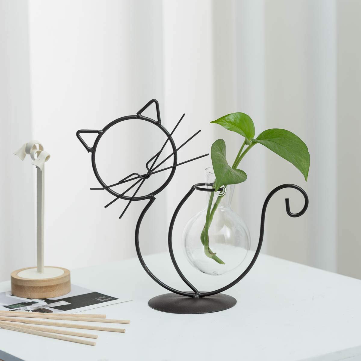 TJ Global Cat Glass Planter Vase Holder, Plant Terrarium, Propagation Station, Metal Stand for Hydroponics Plants Home Garden Wedding Decoration Outdoor Planter Ideas Modern Creative