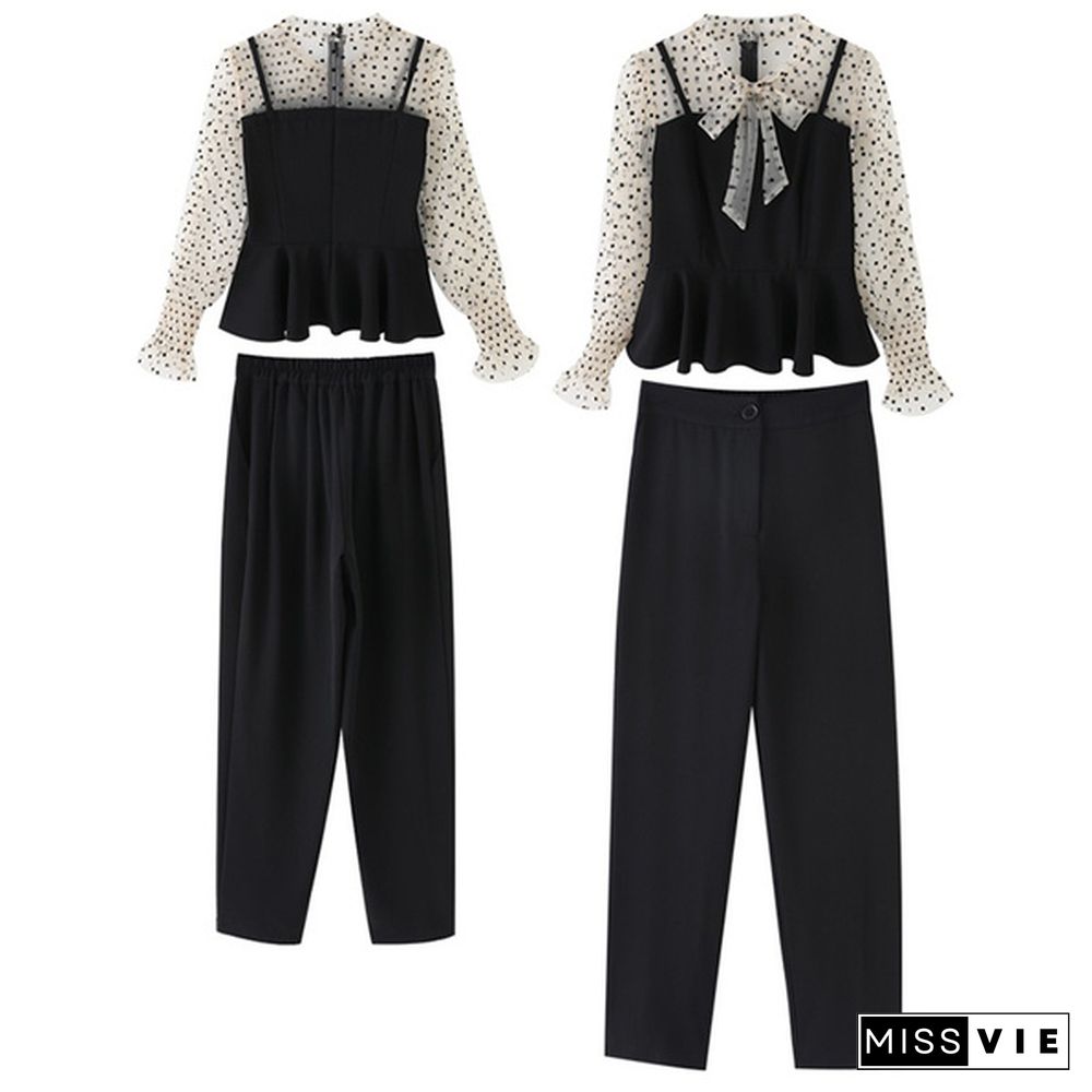 Office Fashion Two Piece Pants Sets Outfits Women Bow Dot Print Patchwork Tunics Tops + Pants Suits Korean Workwear Sets