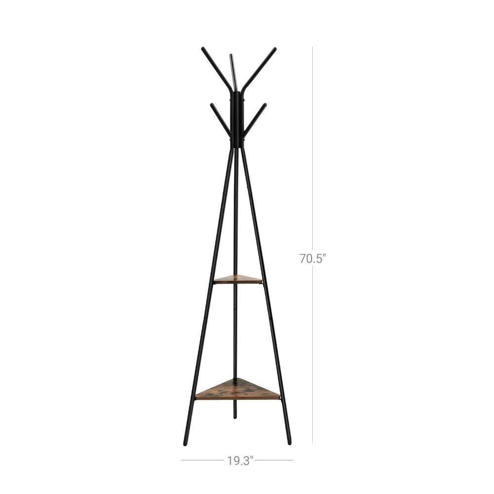 Iron Framed Coat Rack Stand with Six Hooks and Two Wooden Shelf， Black and Brown- Saltoro Sherpi