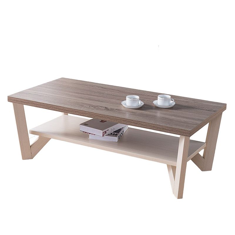 FC Design Ivory and Dark Taupe Coffee Table with Bottom Shelf and V-Shaped Legs