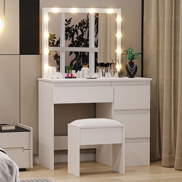 Vanity Desk Makeup Vanity Desk With Touch Light Mirror Power Outlet Stool And 4 Drawers White