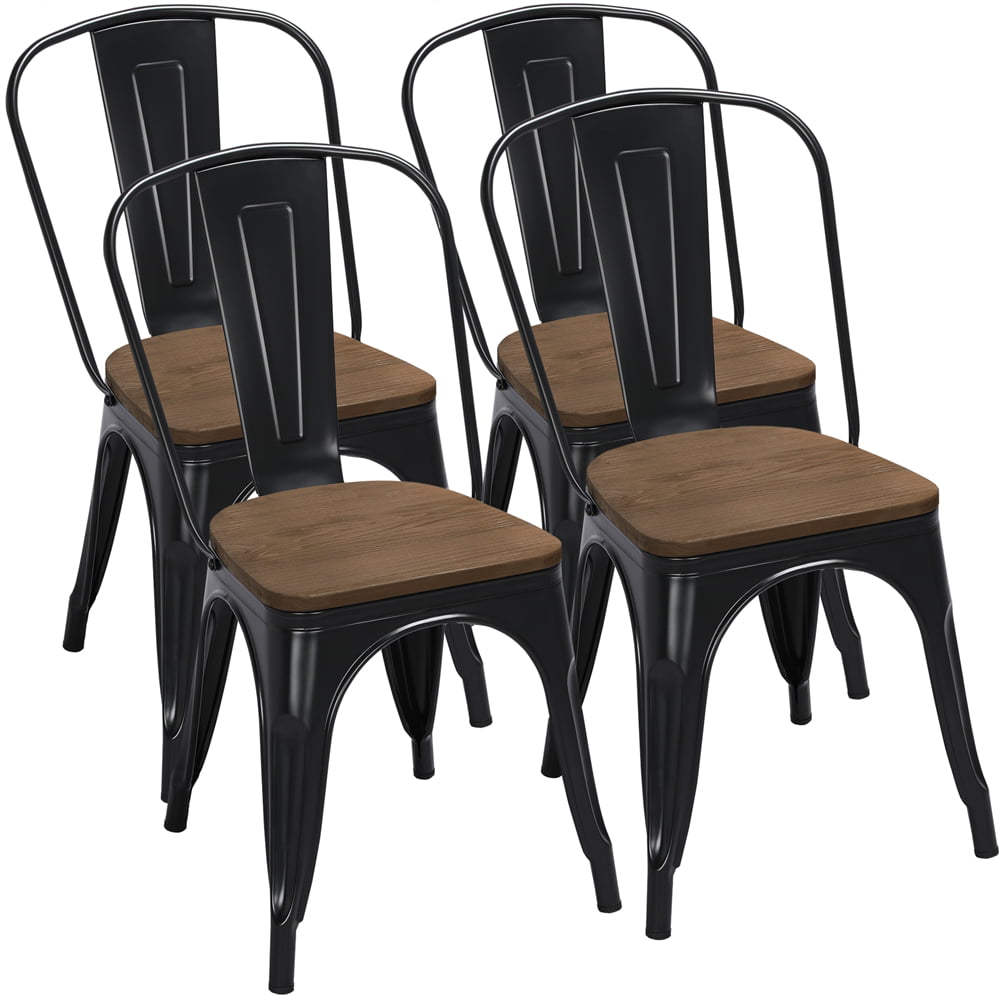 Alden Design Metal Stackable Dining Chairs with Wooden Seat， Set of 4， Black