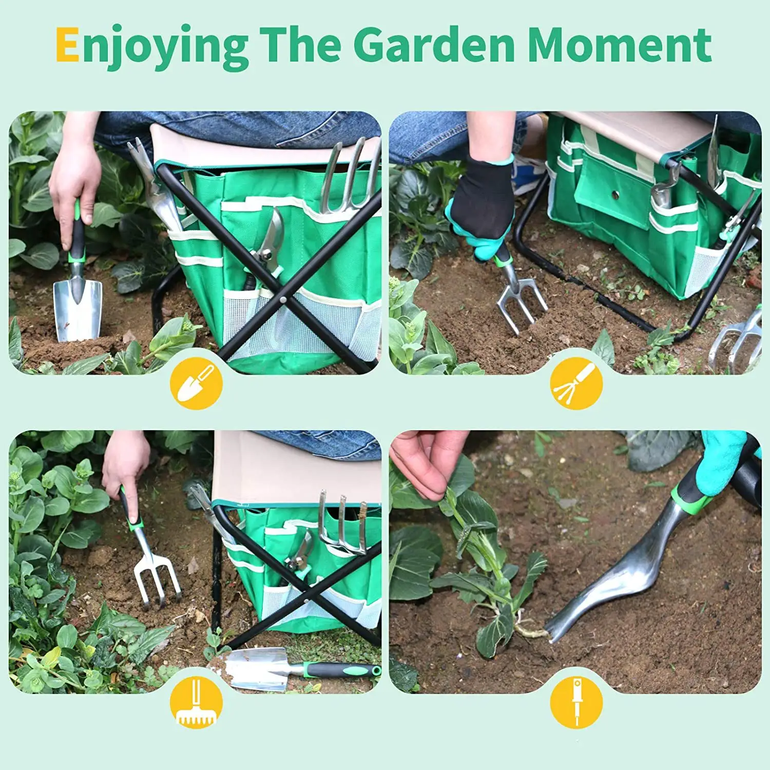 Heavy Duty Aluminium oy Garden Hand Tools With Gardening Stool And Detachable Canvas Tool Bag