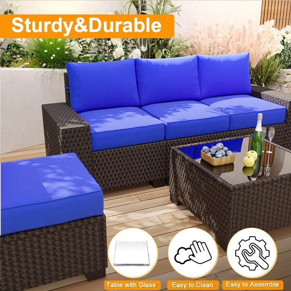 Outdoor Patio Sofa，6 Piece Rattan Furniture Set with Glass Table