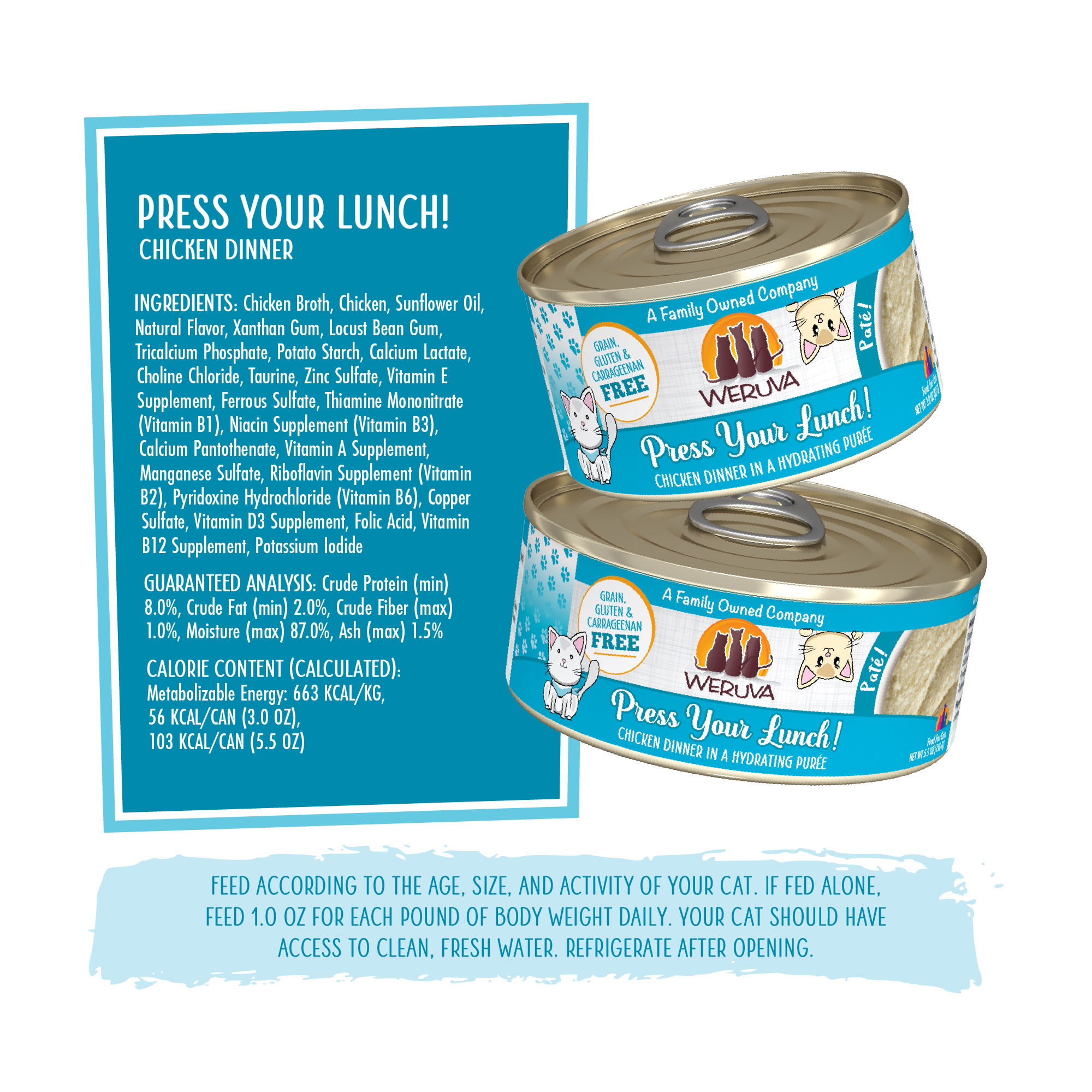 Weruva Pate Press Your Lunch! Chicken Dinner in a Hydrating Puree Wet Cat Food， 3 oz.， Case of 12