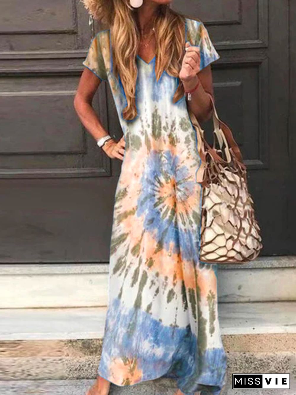 Short Sleeve A-Line Ombre/tie-Dye Dresses