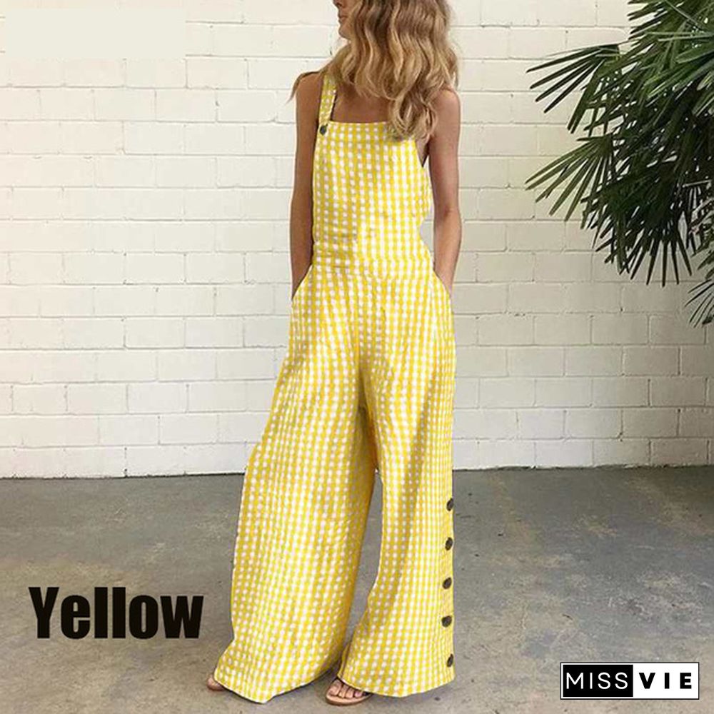 New Fashion Women's Summer Sleeveless Wide Leg Jumpsuit Rompers Plaid Pants with Pockets Long Trousers Suspenders Overalls Pantalon Femme