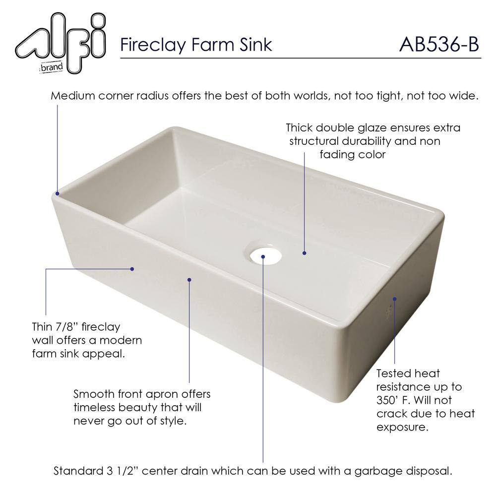 ALFI BRAND Farmhouse Fireclay 35.88 in. Single Bowl Kitchen Sink in White AB536-W