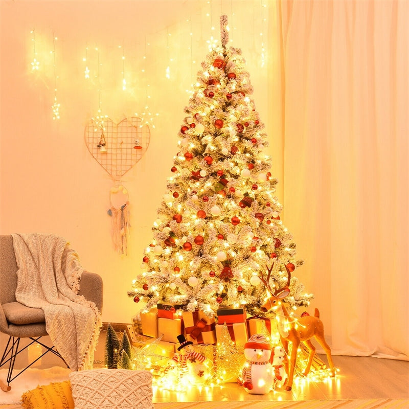 6/7.5/9FT Pre-Lit Hinged Artificial Christmas Tree, Premium PVC Snow Flocked Pine Tree with Metal Stand