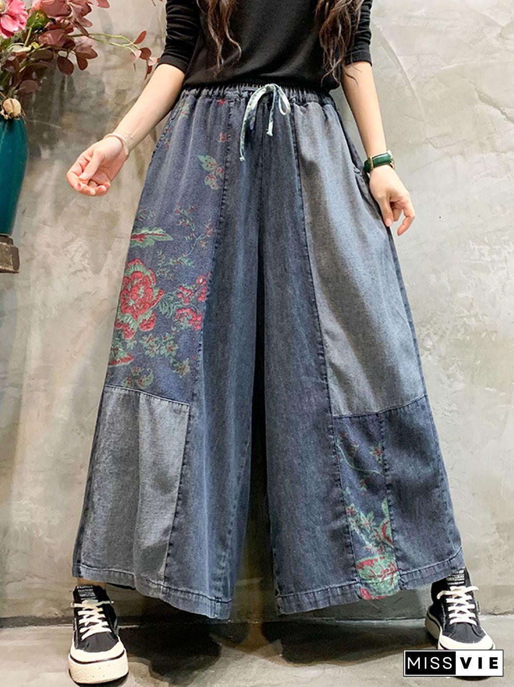 Casual Wide Leg Loose Color-Block Bandage Embroidered Jean Pants Bottoms