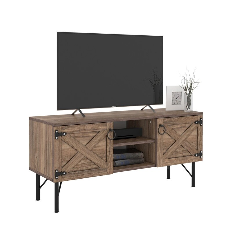 Walnut Media Console Cabinet Loft Wood 2 Cupboards Vintage TV Stand up to 80\