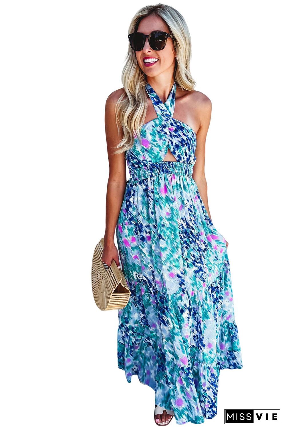 Sky Blue Abstract Print Shirred Lace-up Halter Open Back Maxi Dress