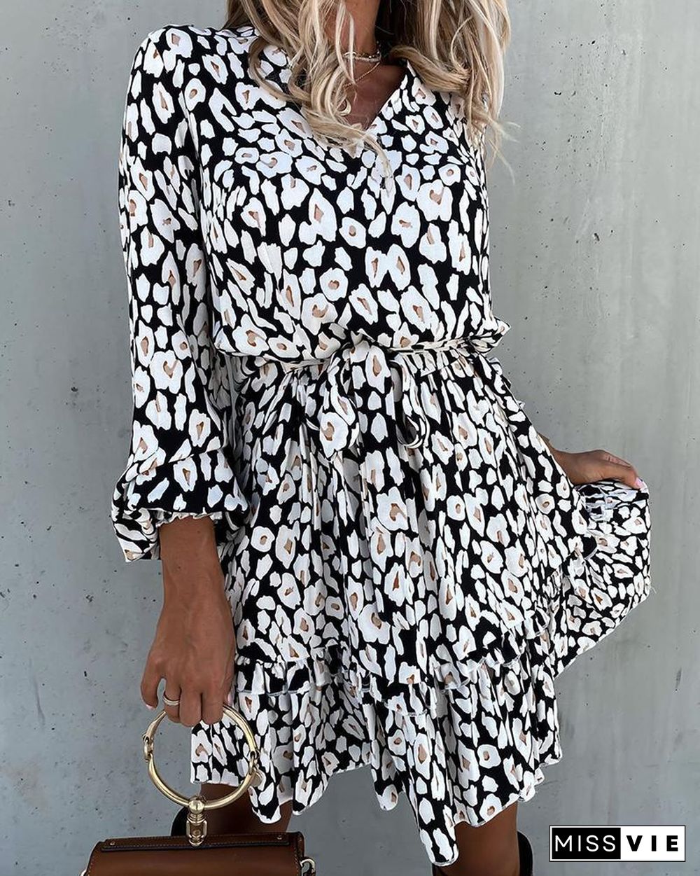 All Over Print Long Sleeve Ruffles Dress P10039