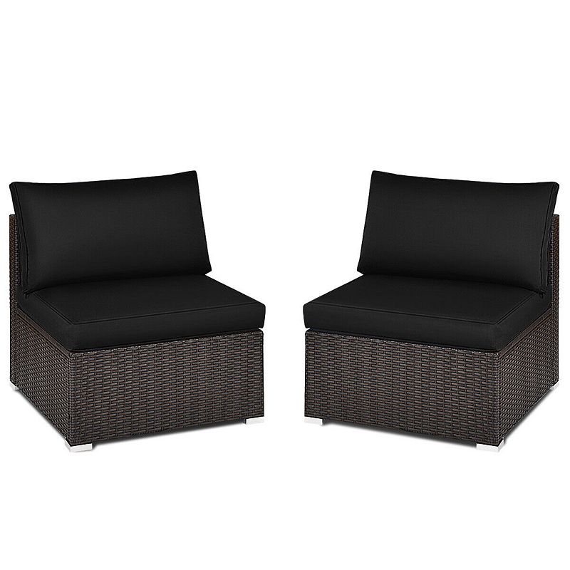 2 Pieces Patio Rattan Armless Sofa Set with 2 Cushions and 2 Pillows