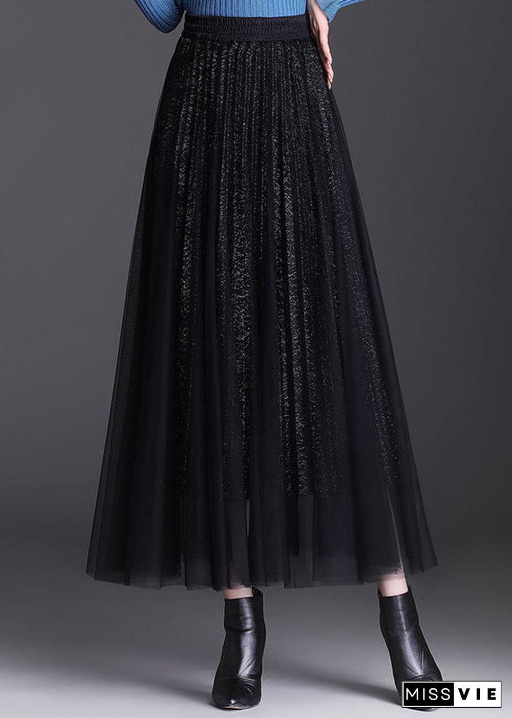 Black Elastic Waist Tulle A Line Skirts Spring