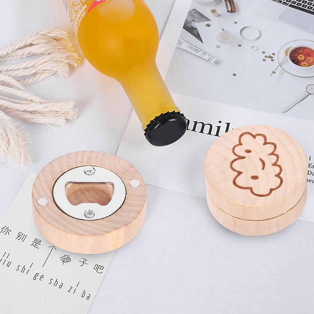 2Pcs Wooden Round Shape Bottle Opener Wood Fridge Magnet Decoration Kitchen Accessories(Smile + Thunder )