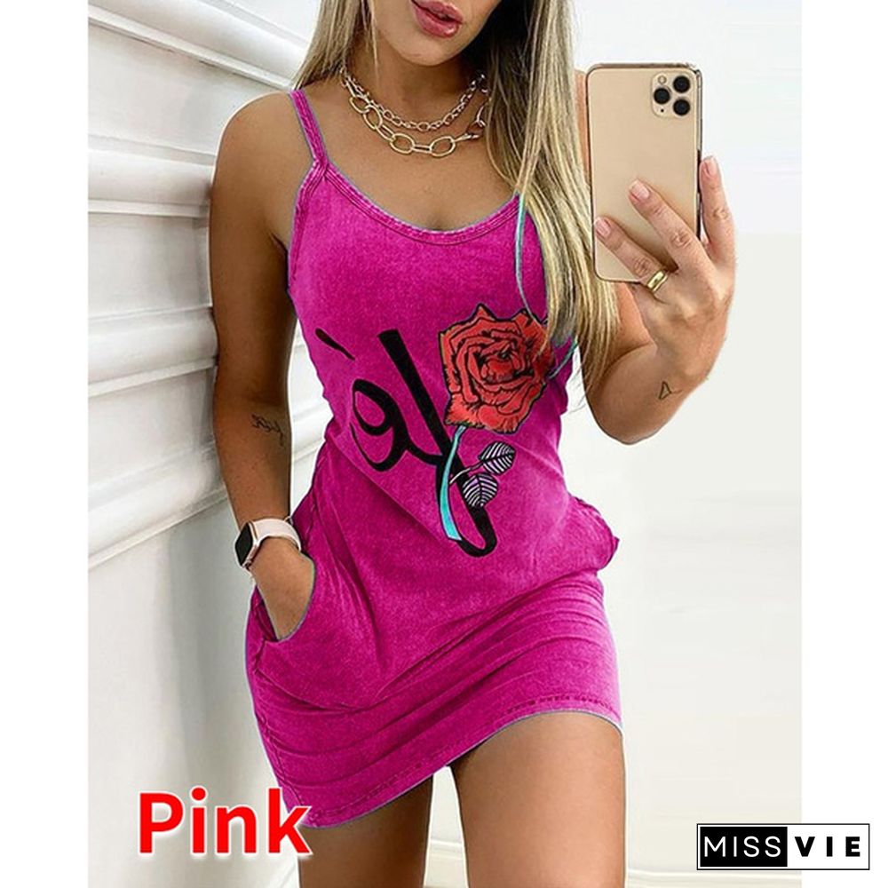 New Summer Women's Fashion Casual Sleeveless Floral Prited Halter Dress With Pockets Sexy V-Neck Party Club Mini Tank Top Dresses Ladies Plus Size Cami Dress