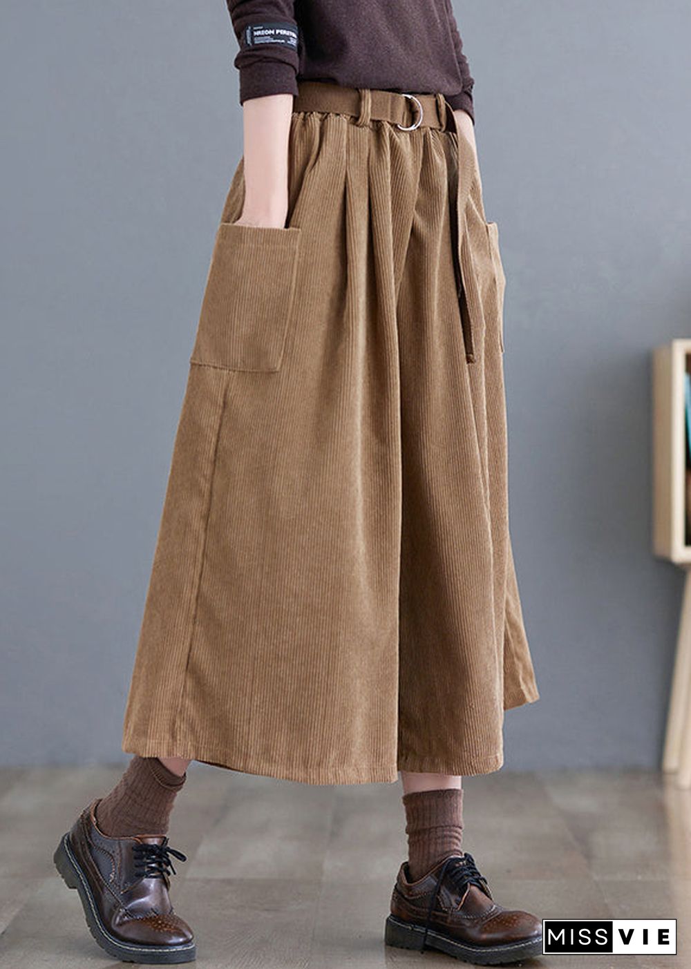 French Khaki Oversized Pockets Corduroy Pants Fall