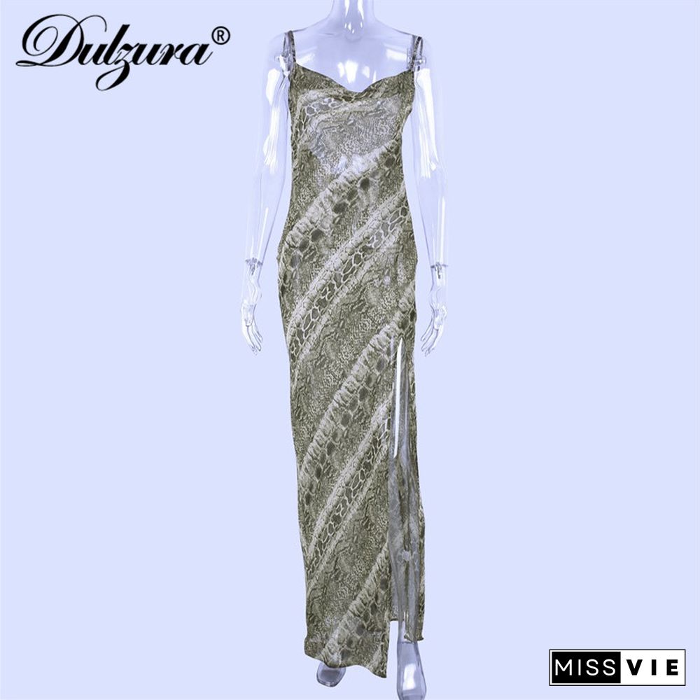 DulzuraSnakePrintChiffonSexyWomenLongPartySlipMaxiSheerDressStrapBacklessSlitElegantAutumnClothes