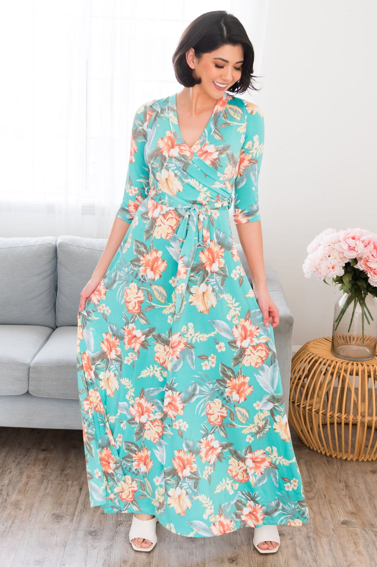 Crystal aqua floral plain long dress