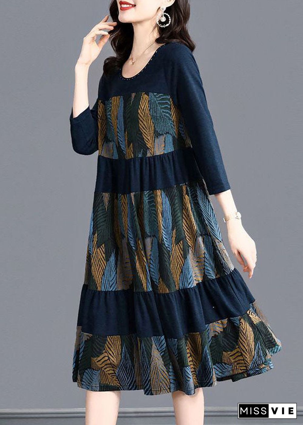 Style Blue Oversized Patchwork Print Dress Bracelet Sleeve