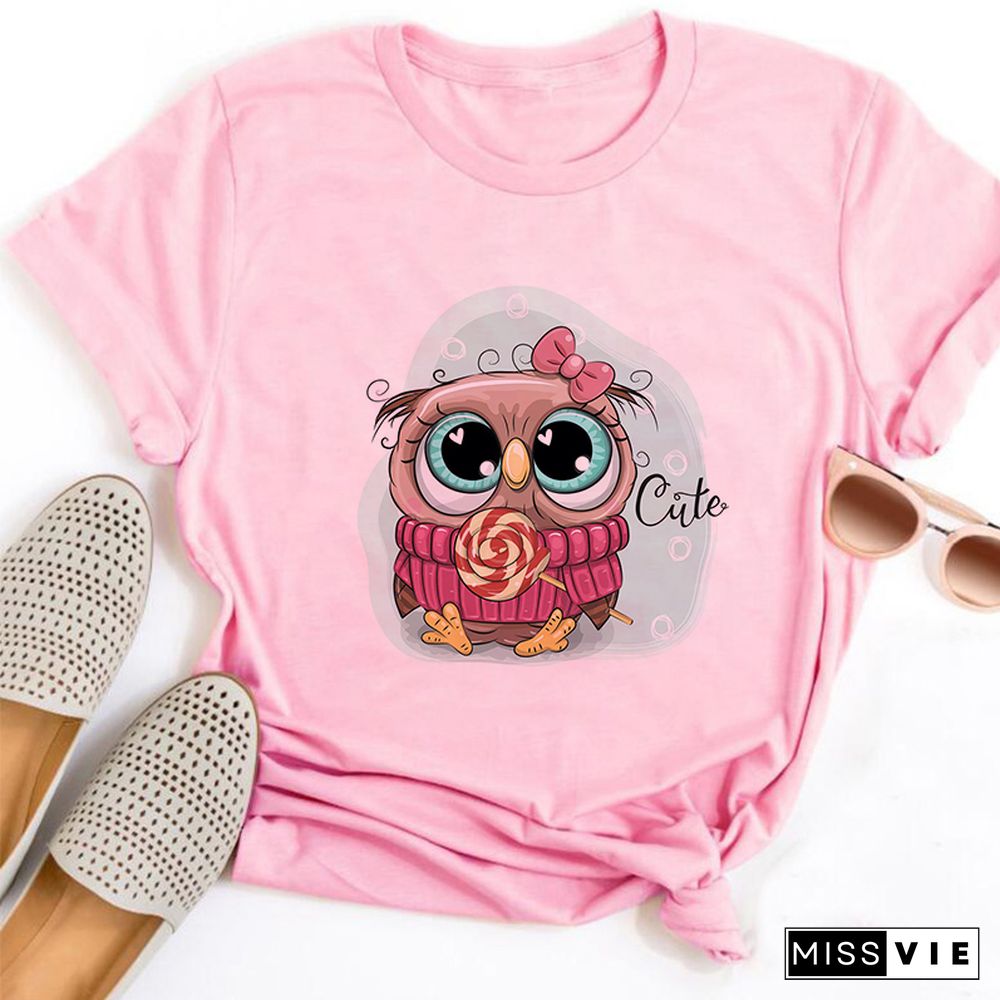 Gothic Women Cute Owl Printed T-Shirt All Seasons Fashion Thin Short Sleeve Tees Harajuku Casual Pink Top Female Clothing Tshirt